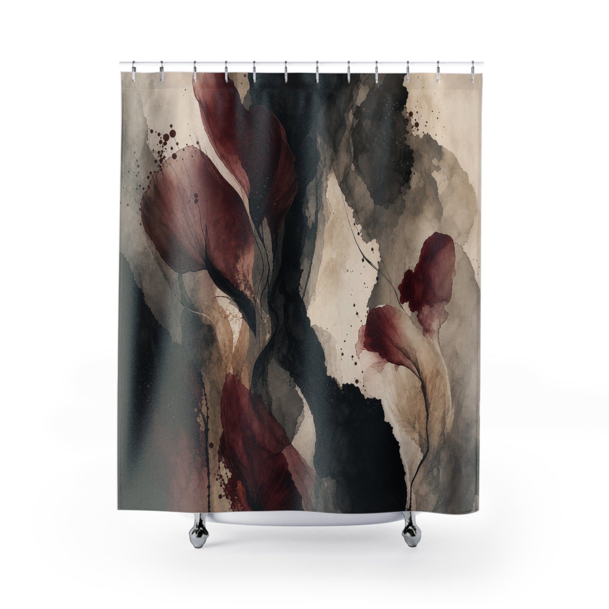 Black Burgundy Watercolor Dark Floral Shower Curtain