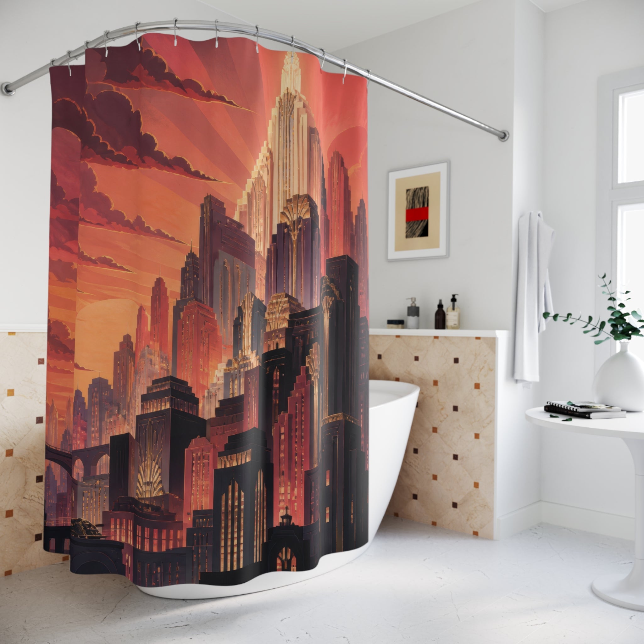 Coral Art Deco Metropolis Shower Curtain