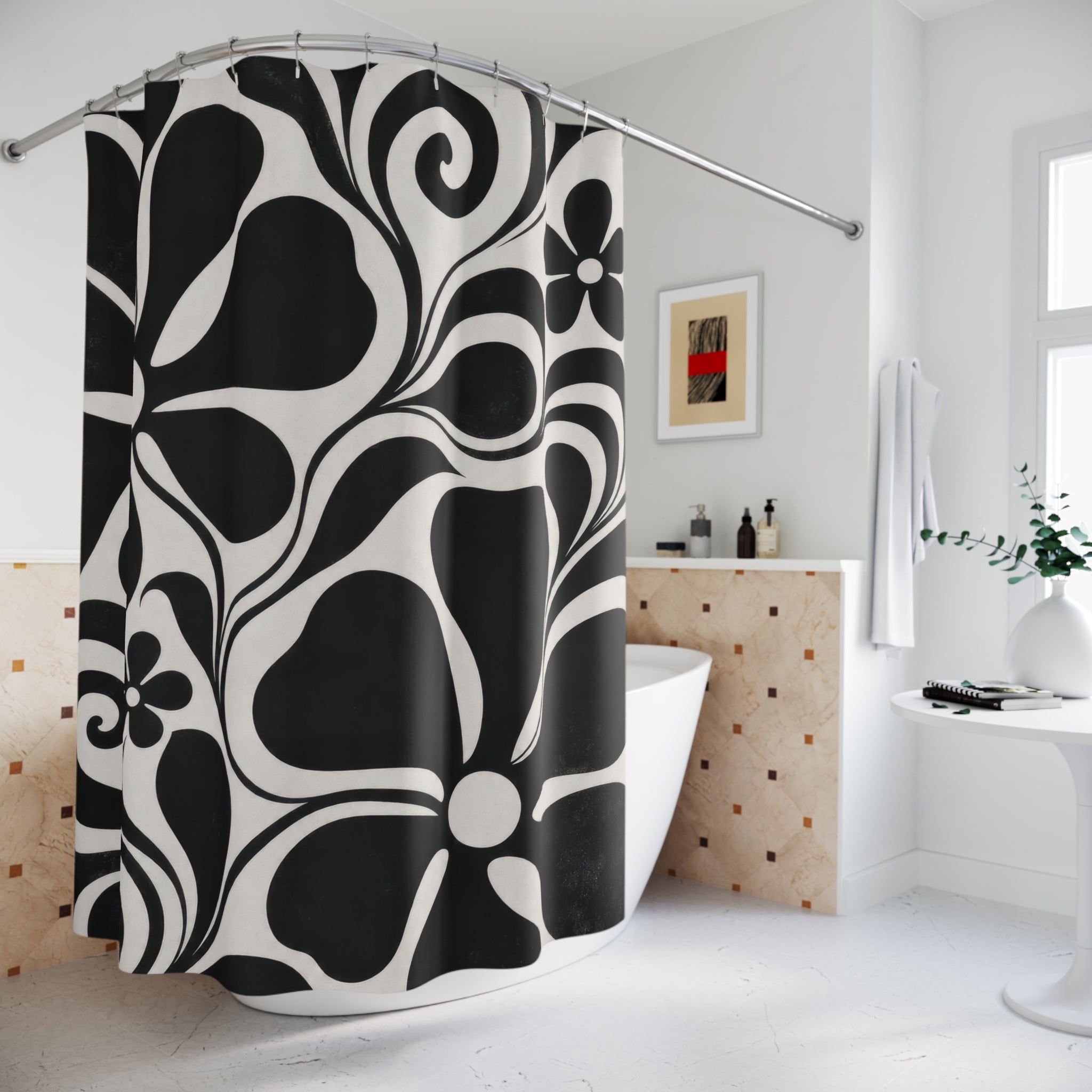 White Retro Flower Shower Curtain