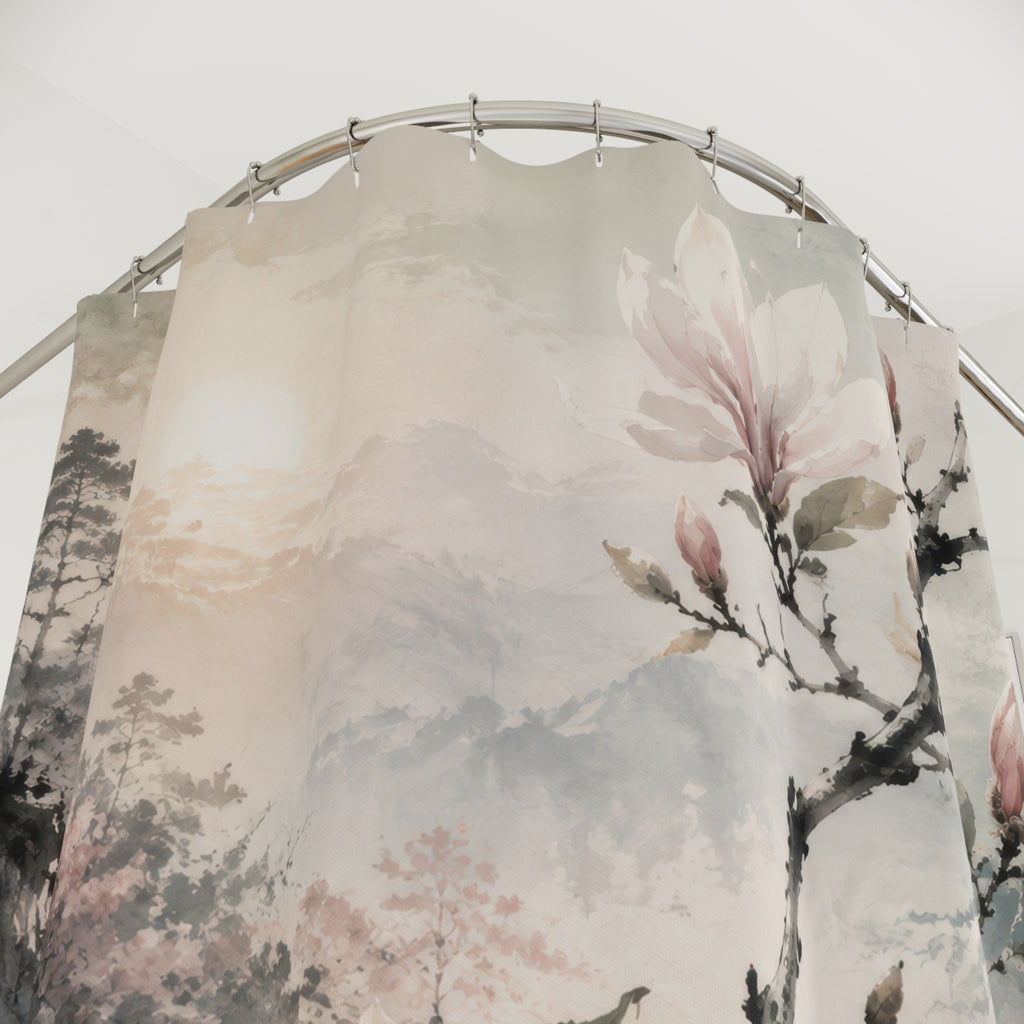 Blush magnolia branch in a misty watercolor garden shower curtain with close-up print, hooks, and folds