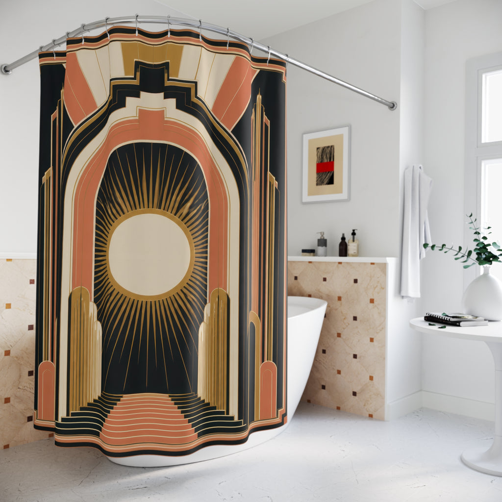 Coral and black Neo Art Deco sunburst portal with stepped arches shower curtain beside a freestanding tub