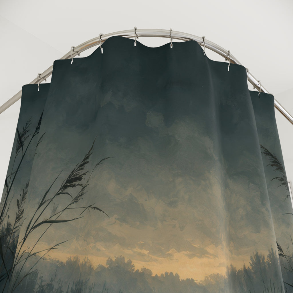 Twilight marsh with dark reeds and a misty pale waterway shower curtain with close-up print, hooks, and folds