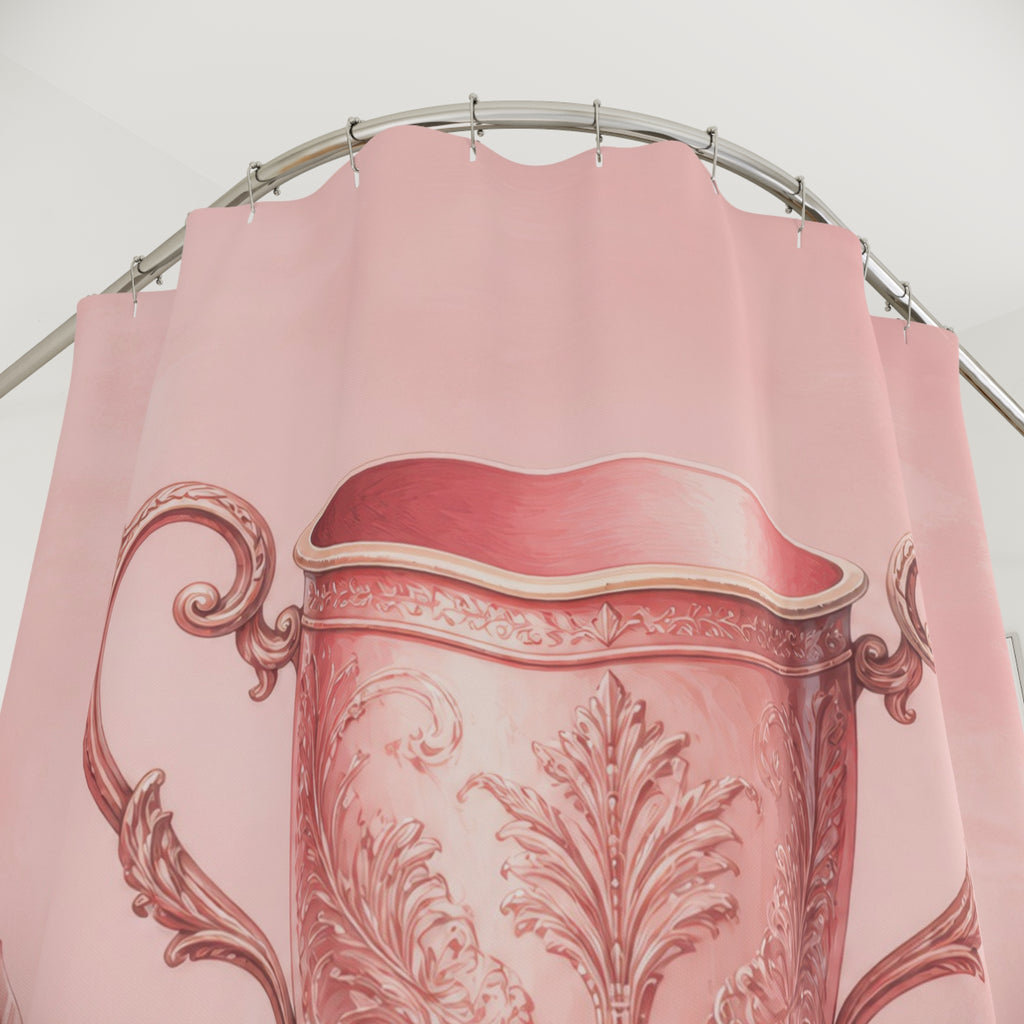 Ornate blush pink trophy cup framed by laurel branches shower curtain with close-up print, hooks, and folds