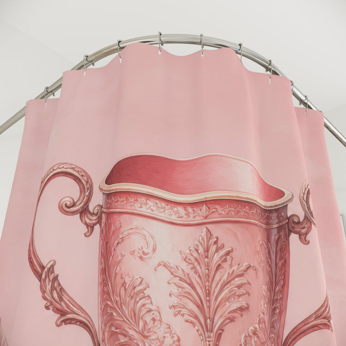 Ornate blush pink trophy cup framed by laurel branches shower curtain with close-up print, hooks, and folds