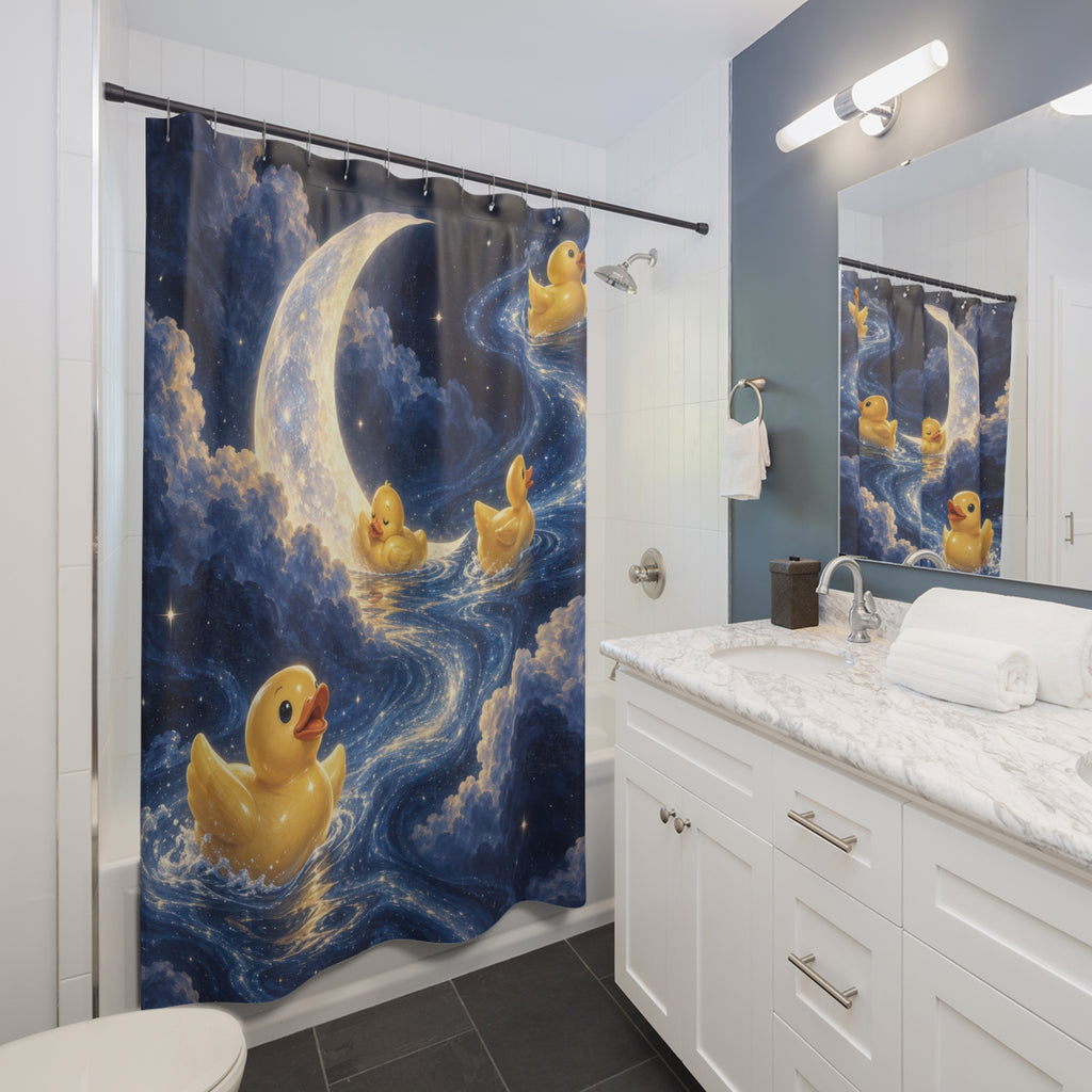 Rubber ducks beneath a moon in a blue starry sky shower curtain beside a white vanity