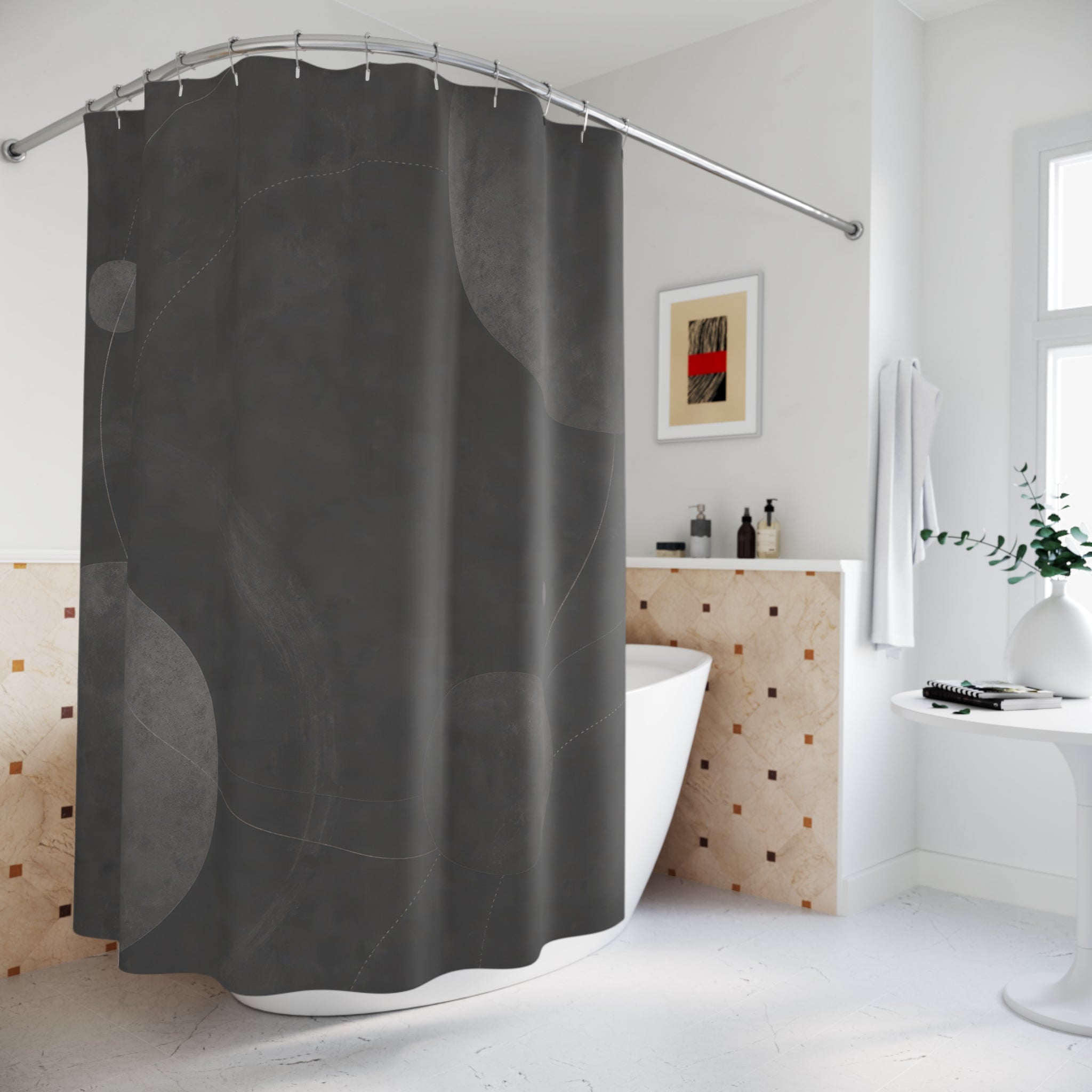 Celestial Shower Curtain, Dark Gray Moon Bath Decor, Abstract Orbit Circle Pattern, Modern Guest Bathroom Decor, Moody Space Style