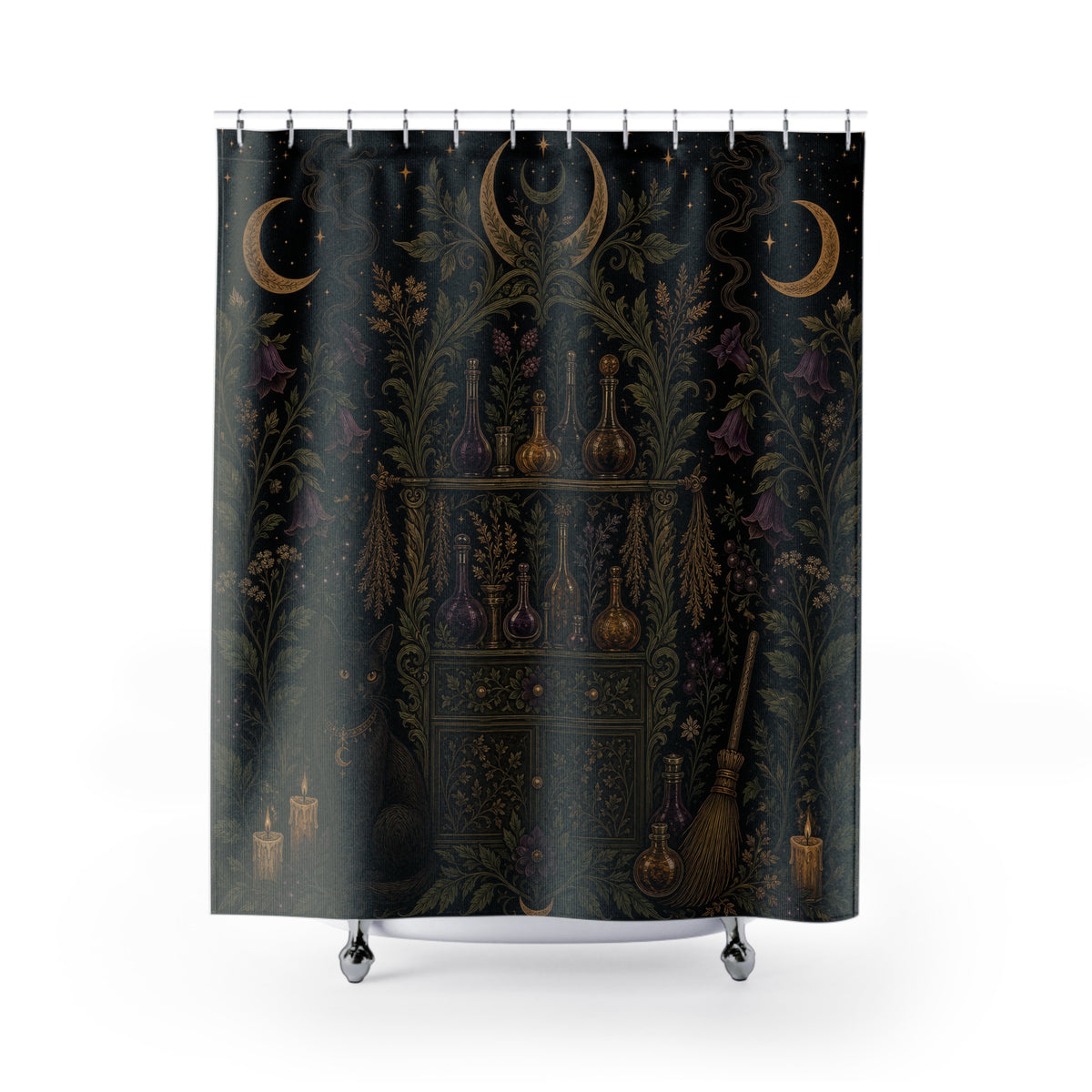 Witchy Black Cat Apothecary Night Garden shower curtain with full front view