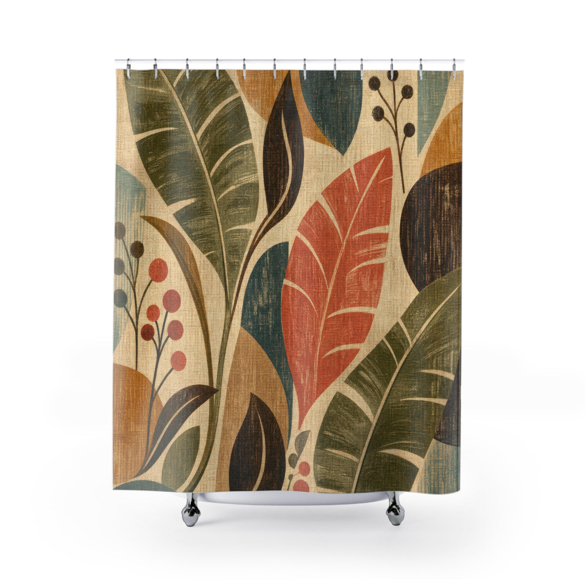 Vintage Barkcloth Foliage leaf pattern shower curtain with full front view