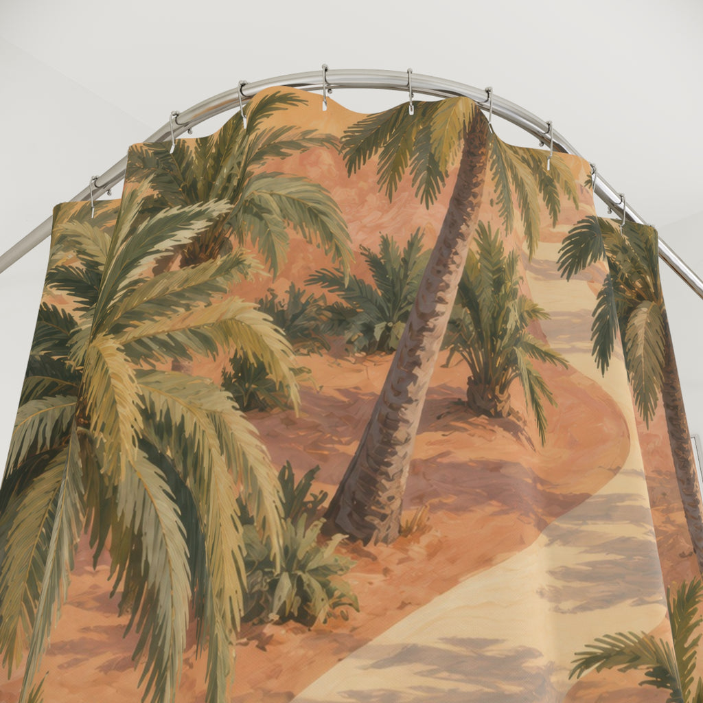 Olive palm trees beside a cream path on apricot ground shower curtain with close-up print, hooks, and folds