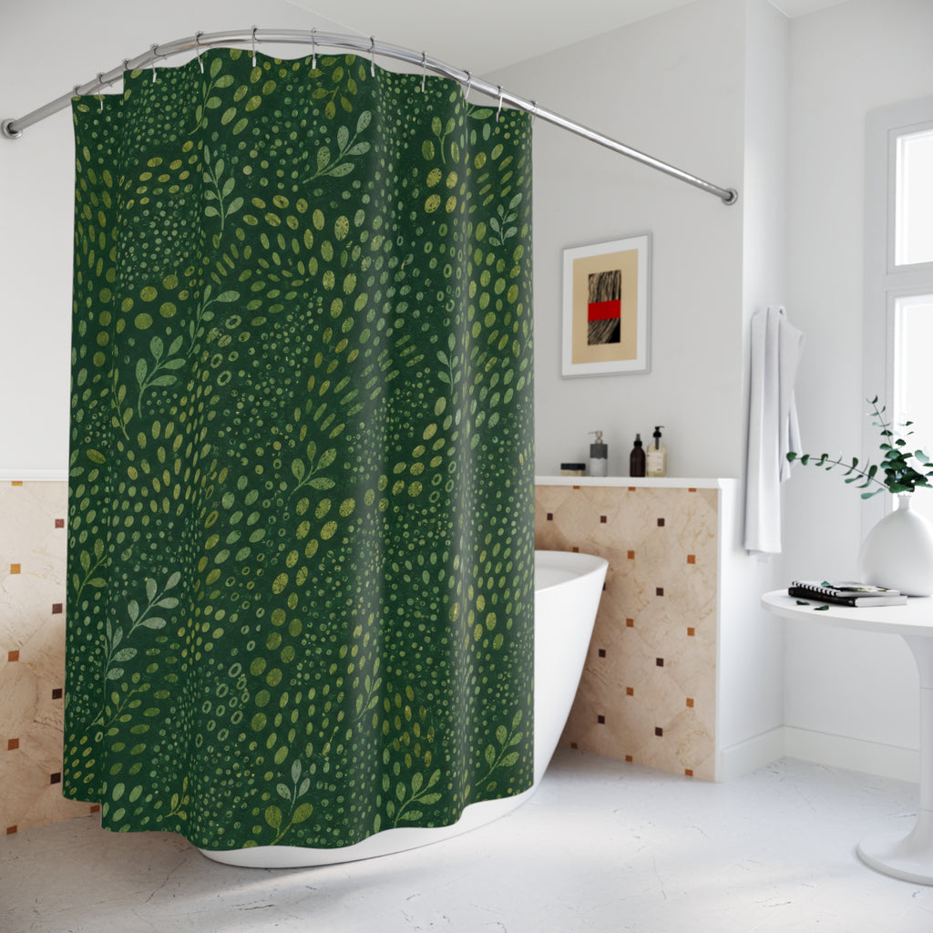 Green Botanical Shower Curtain, Boho Leaf Bath Decor, Dotted Vine Pattern, Forest Sage Guest Bathroom Decor, Organic Green Style
