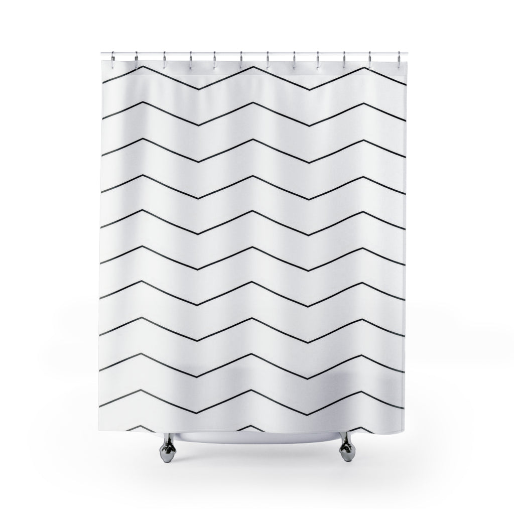 Fine black chevron rows on an open white ground shower curtain with full front view