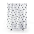 Fine black chevron rows on an open white ground shower curtain with full front view