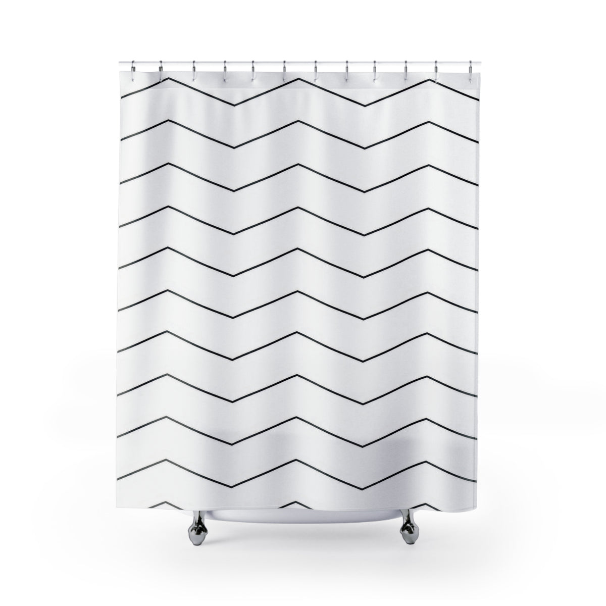 Fine black chevron rows on an open white ground shower curtain with full front view