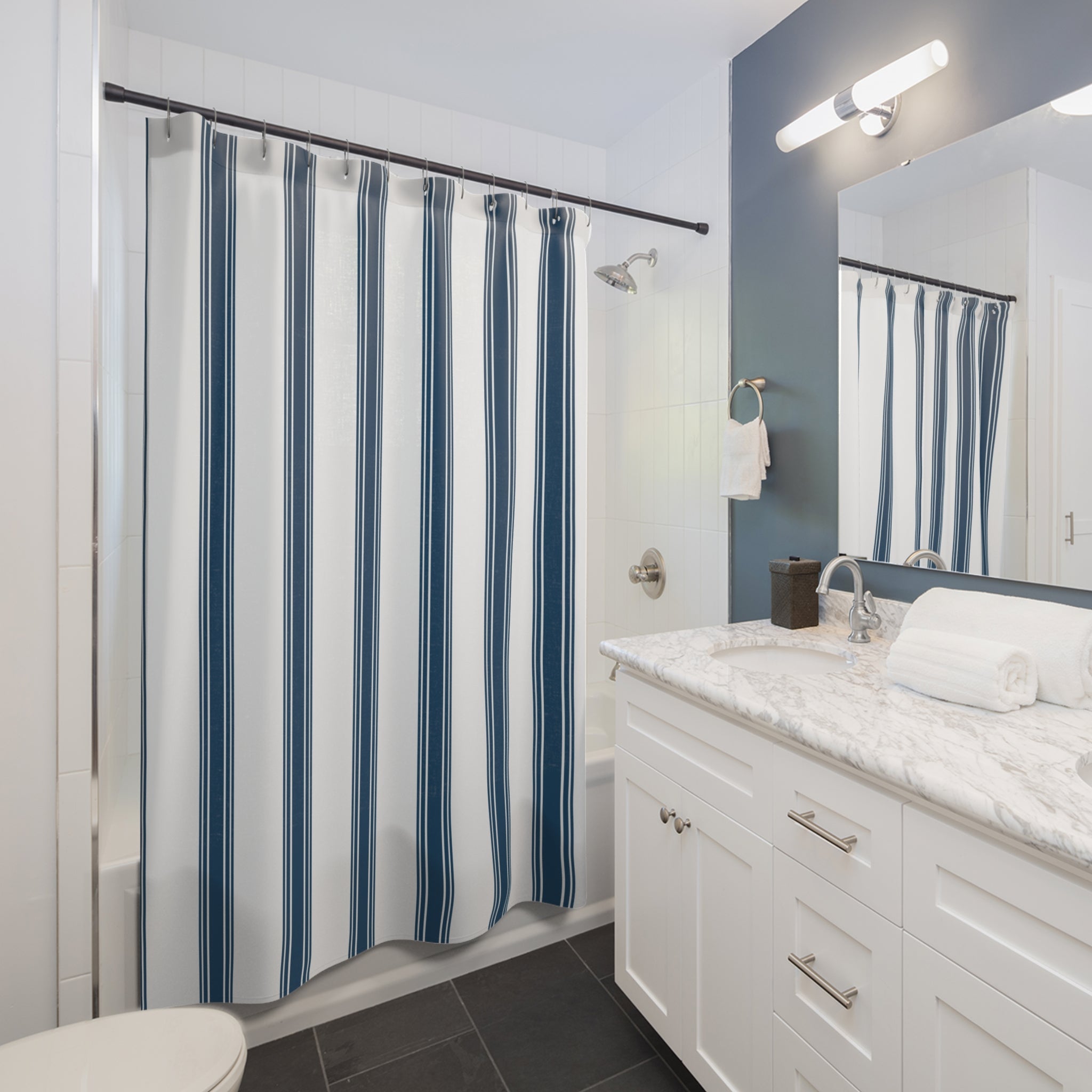 Blue Ticking Stripe Shower Curtain – Navy and White