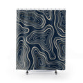 Cream nested contours and ochre accents on navy shower curtain with full front view