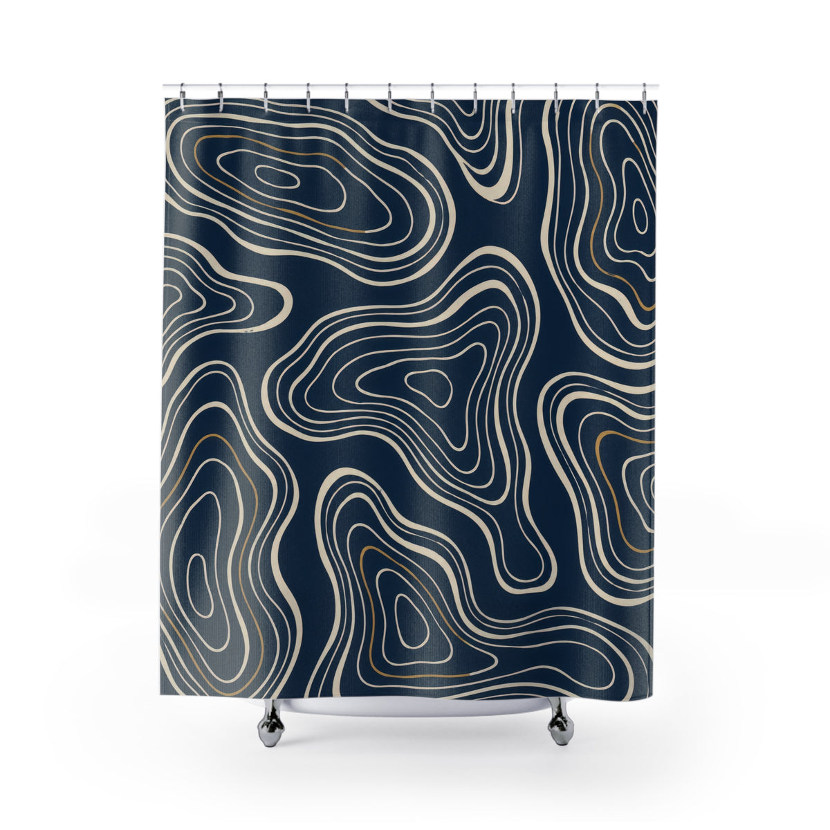 Cream nested contours and ochre accents on navy shower curtain with full front view