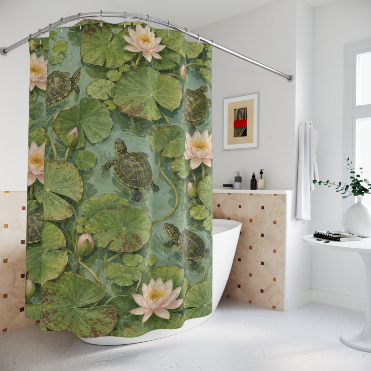 Olive turtles and pale pink water lilies shower curtain beside a freestanding tub