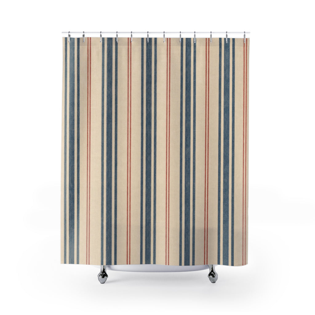 French Ticking Stripe Beige Blue Brown Coral Shower Curtain