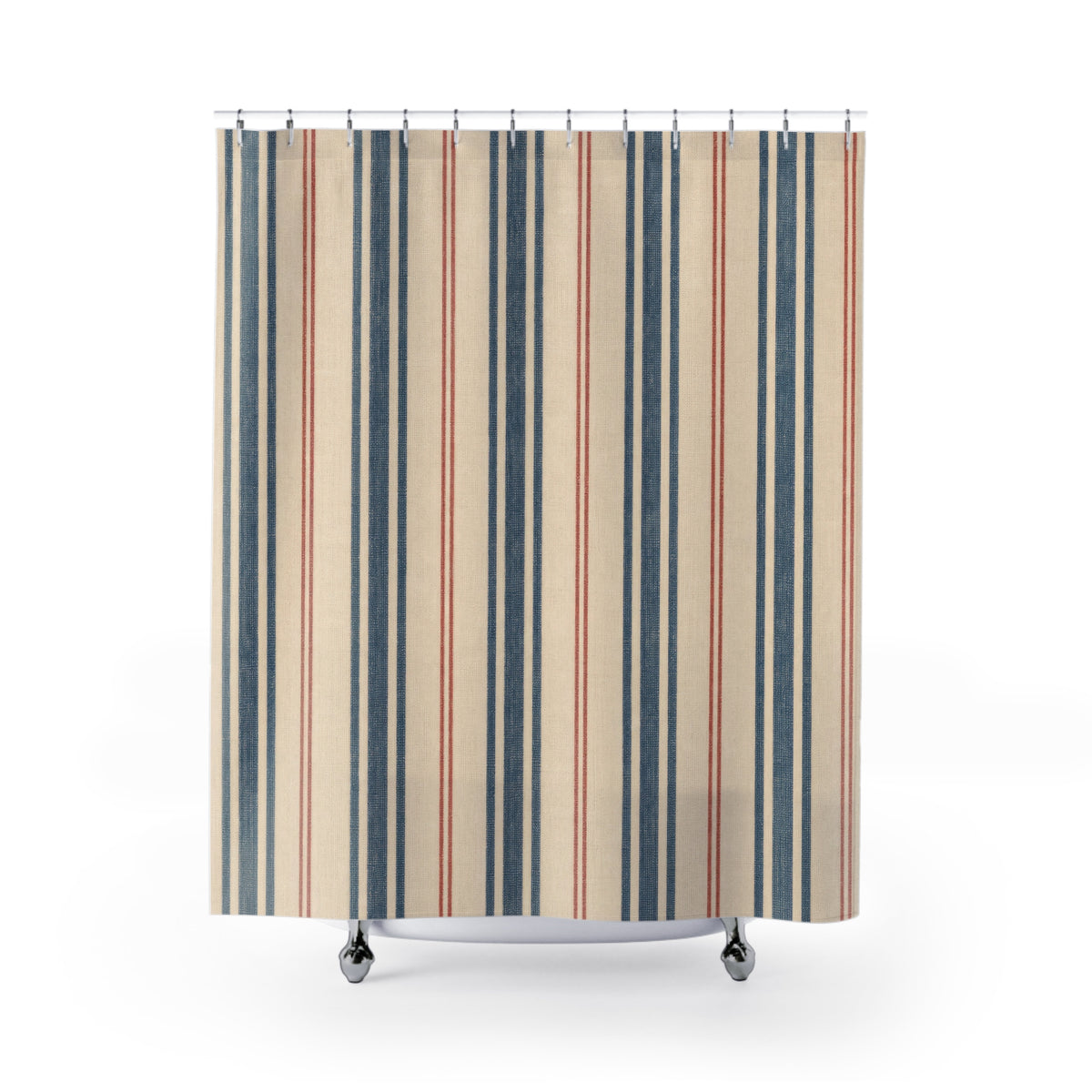 French Ticking Stripe Beige Blue Brown Coral Shower Curtain