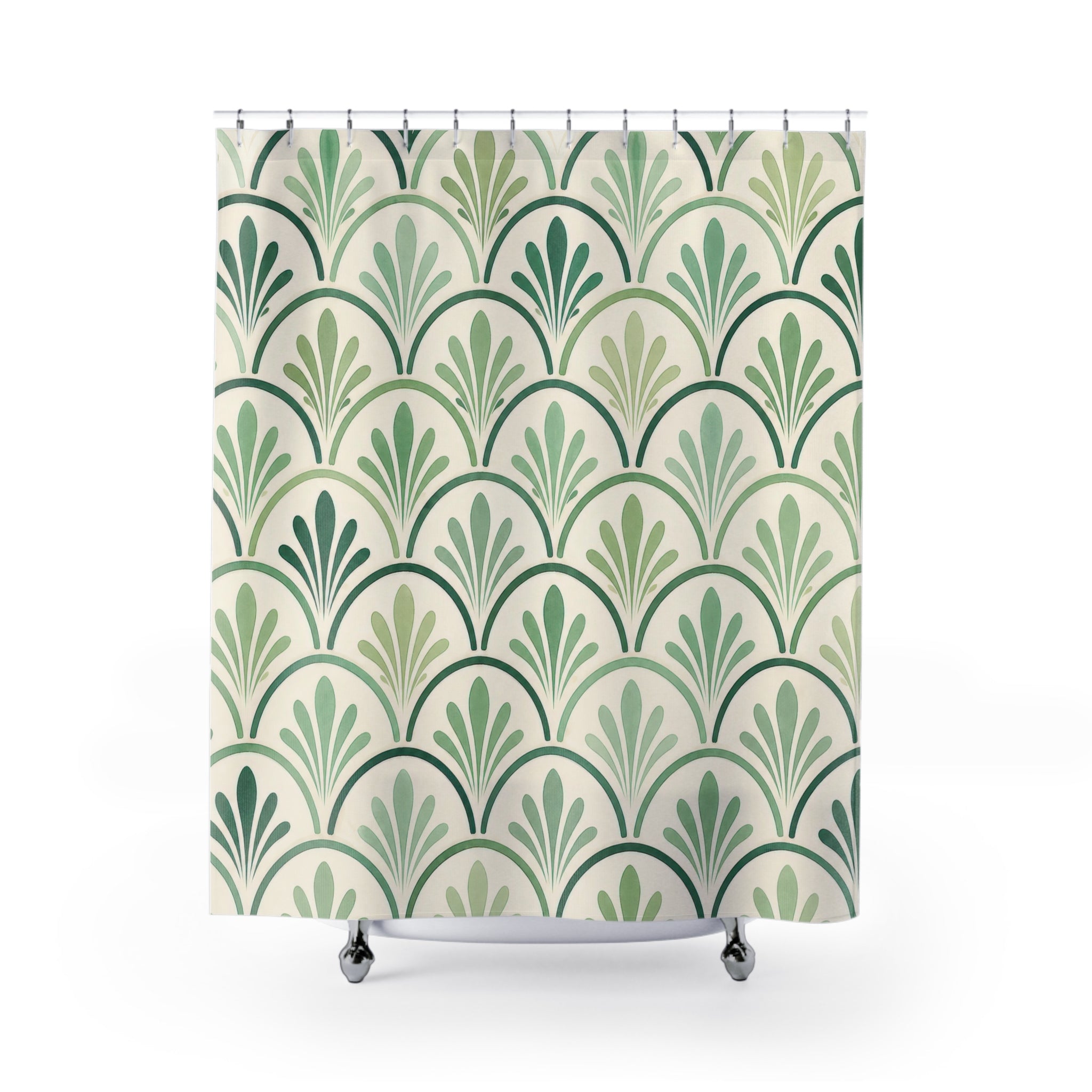 Green Scallop Shower Curtain, Sage Mint Art Deco Fan Pattern, Botanical Bath Decor, Soft Geometric Guest Bathroom Accent, Spa Green