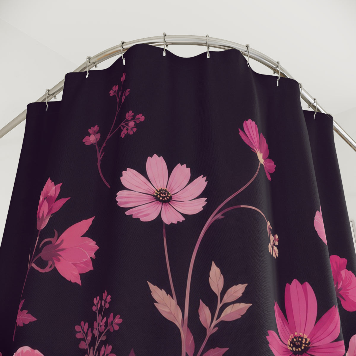Art Deco pink fan flowers in geometric repeat shower curtain with close-up print, hooks, and folds