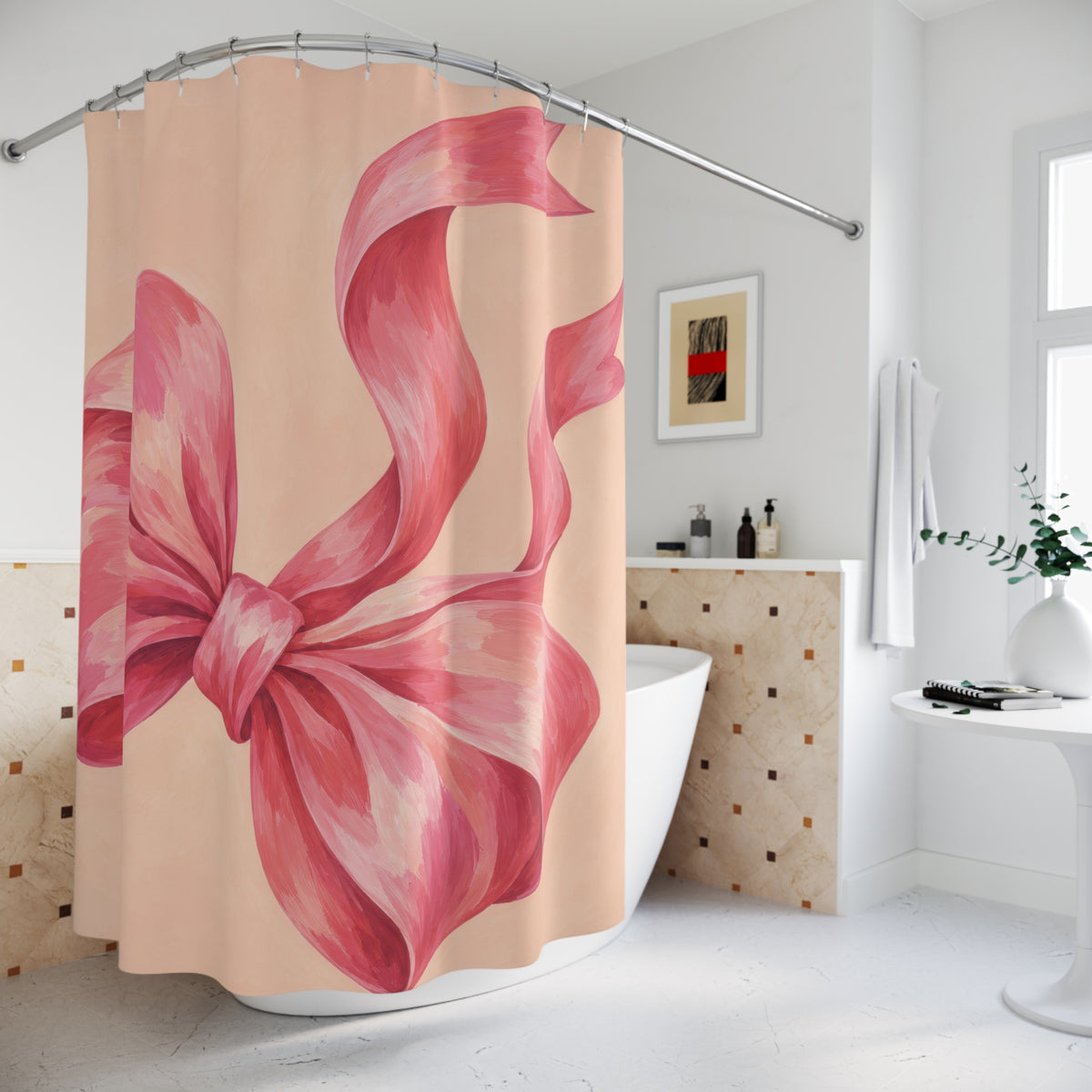 Oversized pink bow with curling tails on pale peach shower curtain beside a freestanding tub