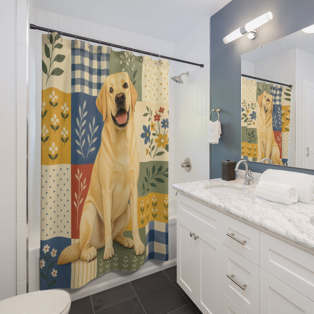 Smiling yellow Labrador over folk floral color blocks shower curtain beside a white vanity