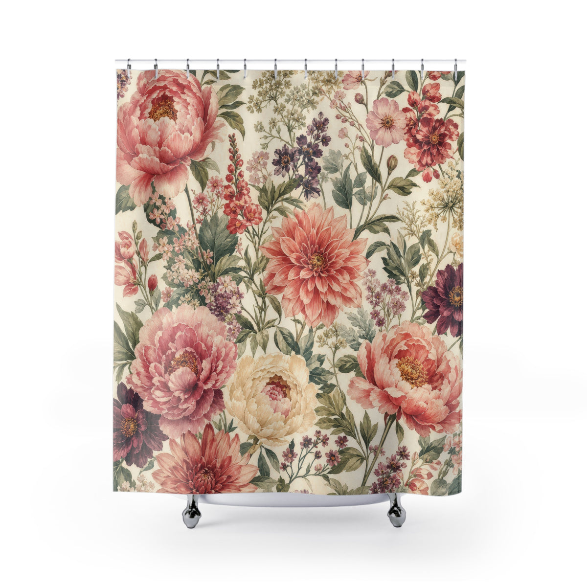 Pink Peony Garden Bouquet vintage shower curtain with full front view