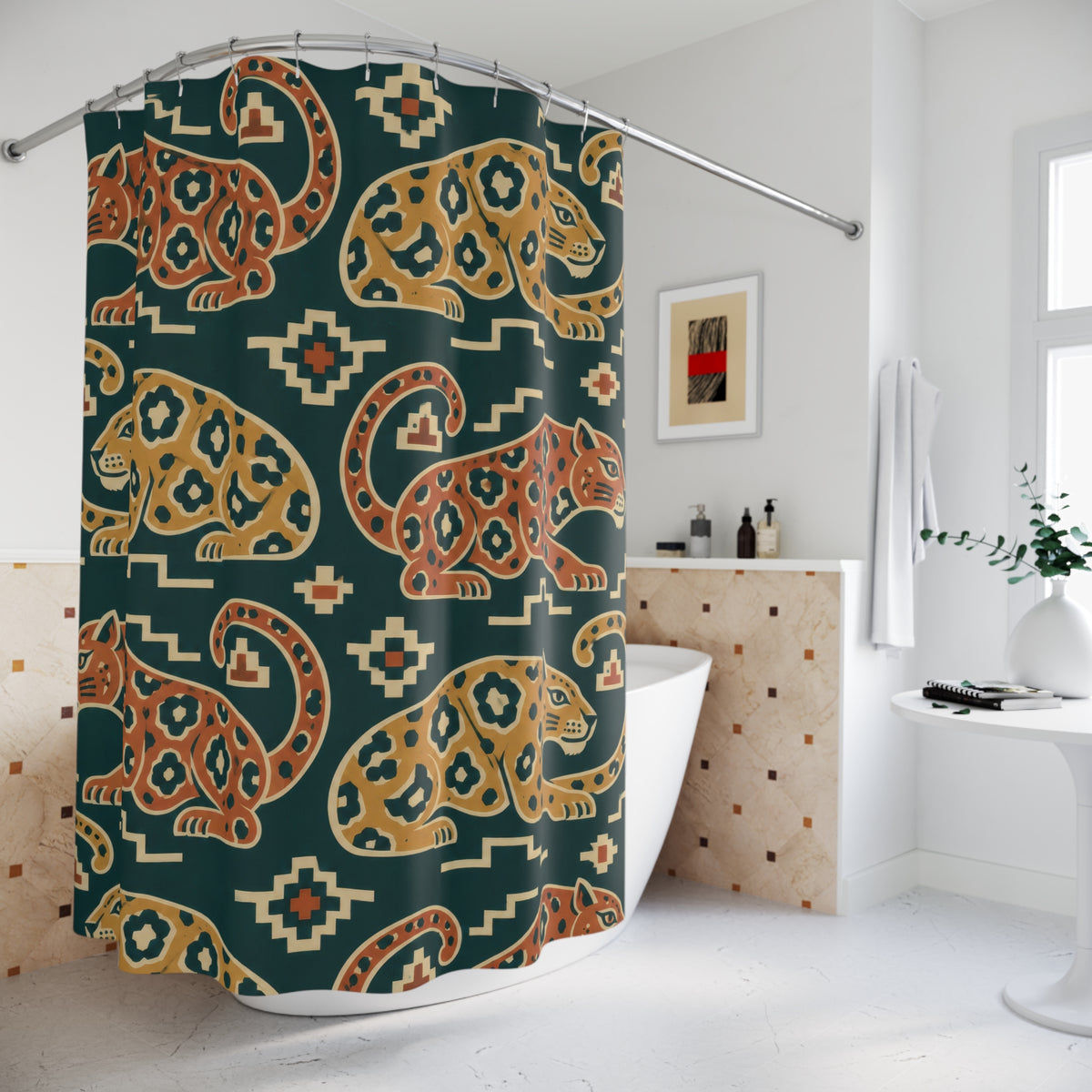 Terracotta and ochre jaguars on teal shower curtain beside a freestanding tub