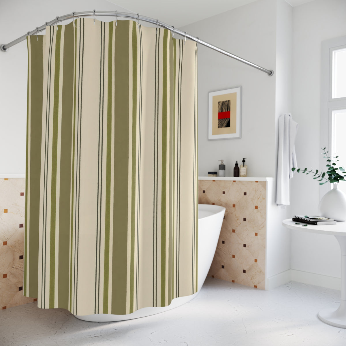 Olive Ticking Stripe earthy moss shower curtain beside a freestanding tub
