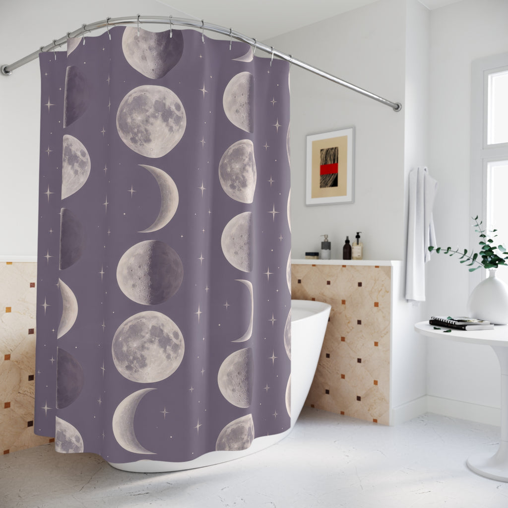 Pearl moon phases and small stars on dusty lavender shower curtain beside a freestanding tub