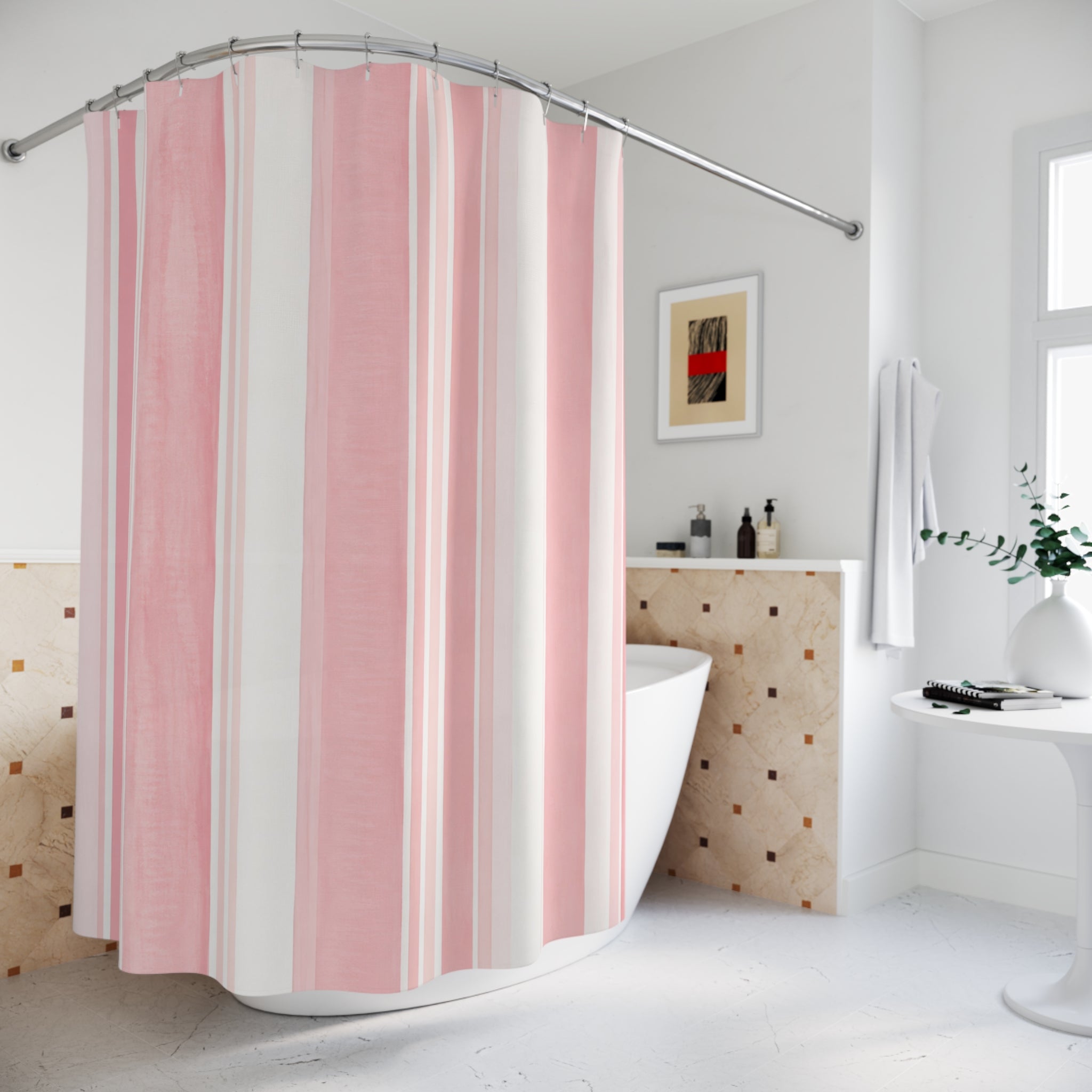 Pink and White Striped Shower Curtain