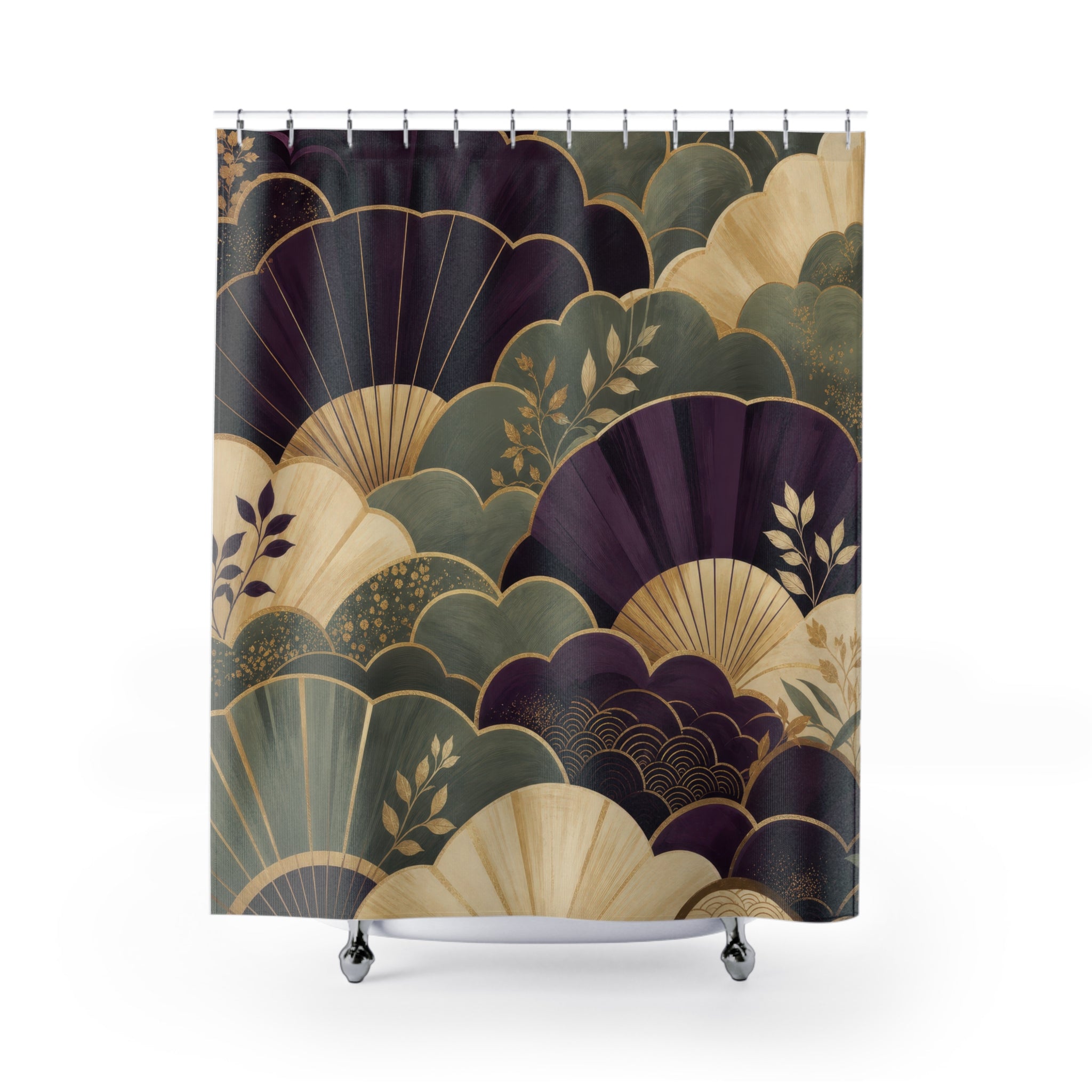 Aubergine & Sage Art Deco Scalloped Shower Curtain