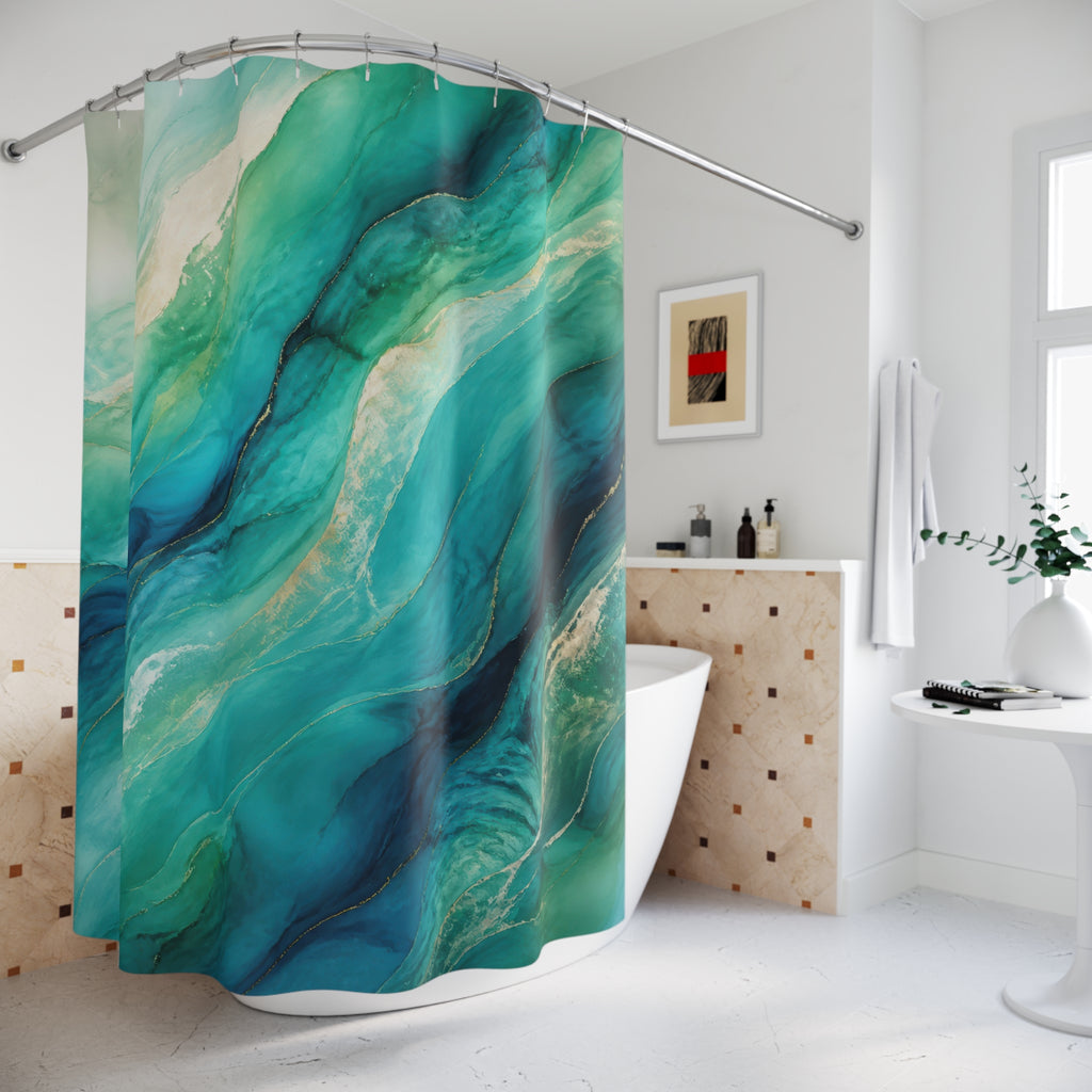 Sweeping turquoise and peacock blue abstract tidal veils shower curtain beside a freestanding tub