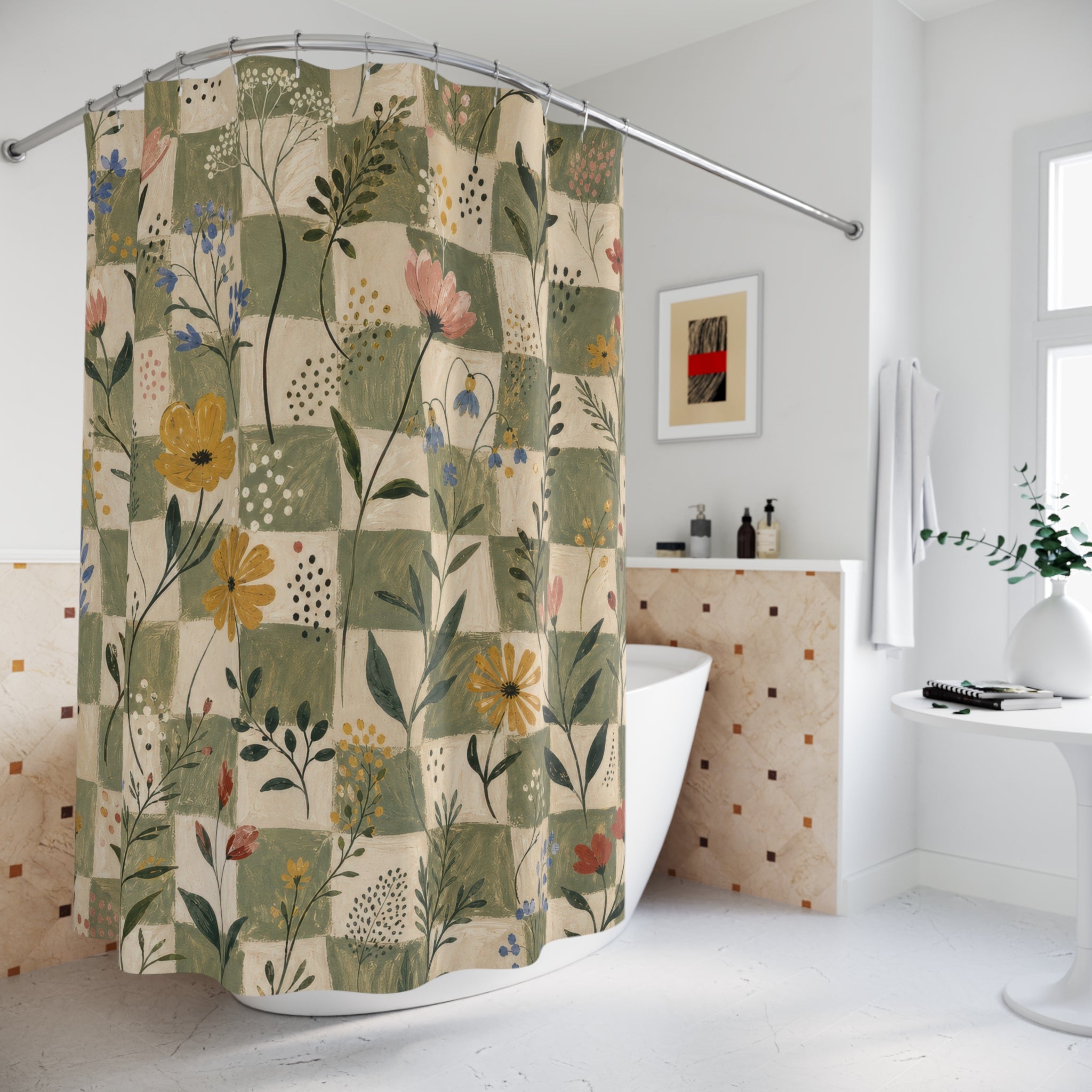 Sage Botanical Patchwork Shower Curtain