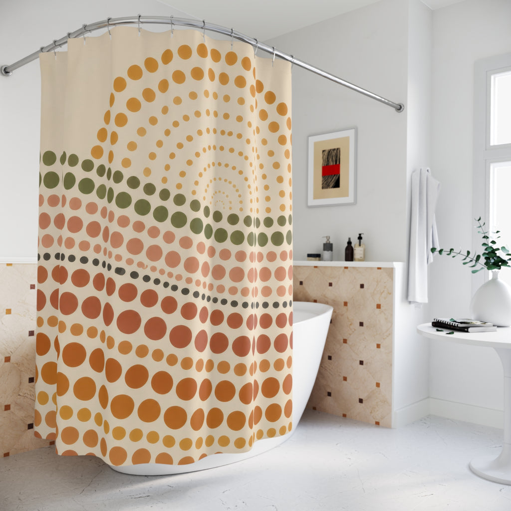 Terracotta polka dot waves with a rising sun shower curtain beside a freestanding tub