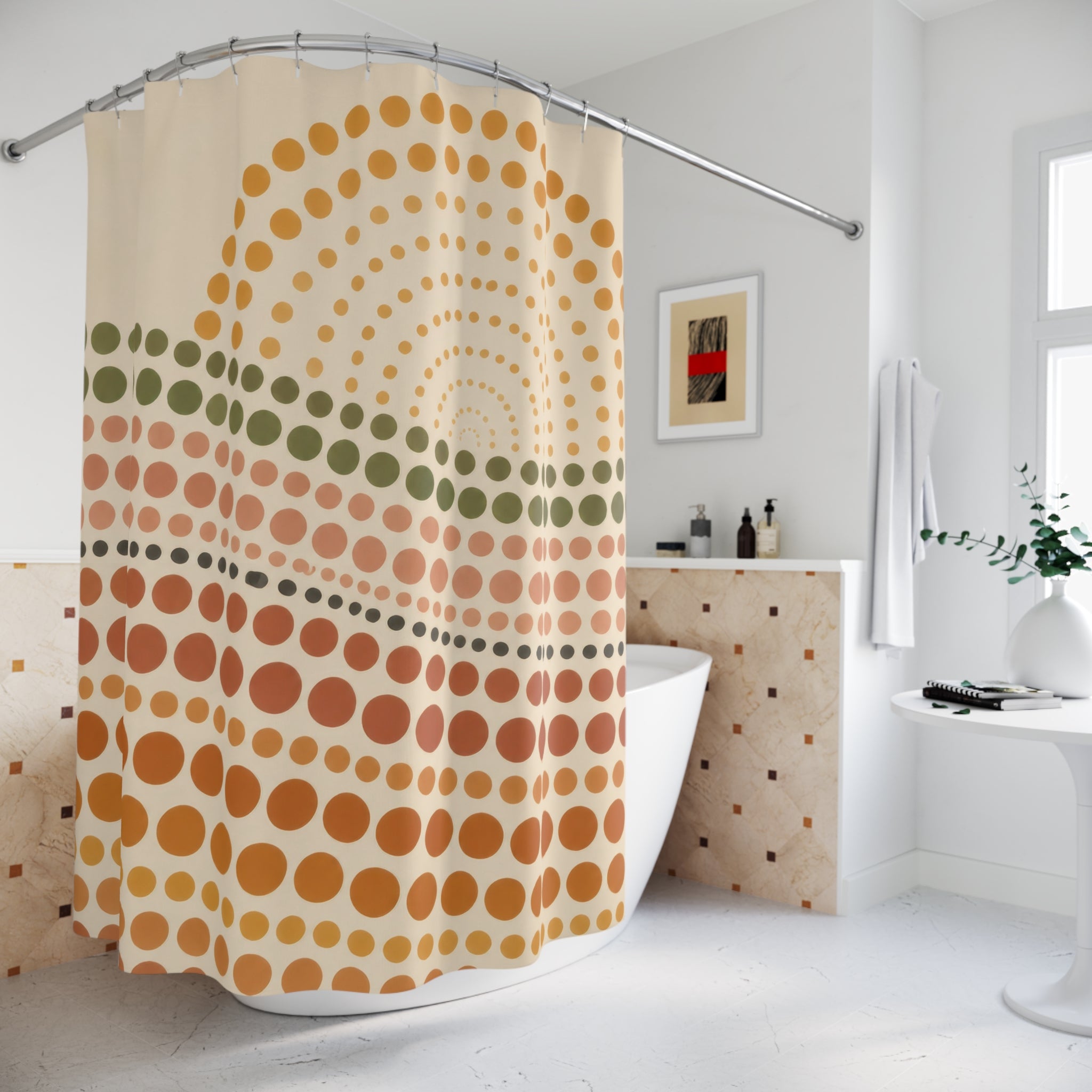 Terracotta polka dot waves with a rising sun shower curtain beside a freestanding tub