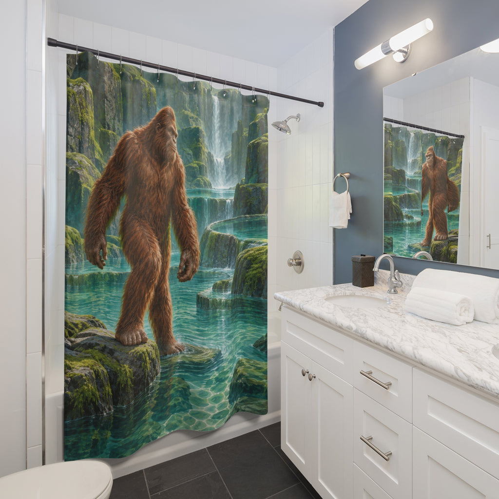 Russet Bigfoot beside teal pools and mossy basalt waterfalls shower curtain beside a white vanity