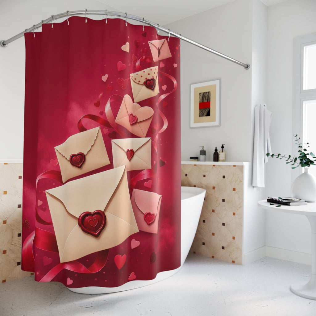 Flying love letters with heart seals and red ribbons shower curtain beside a freestanding tub
