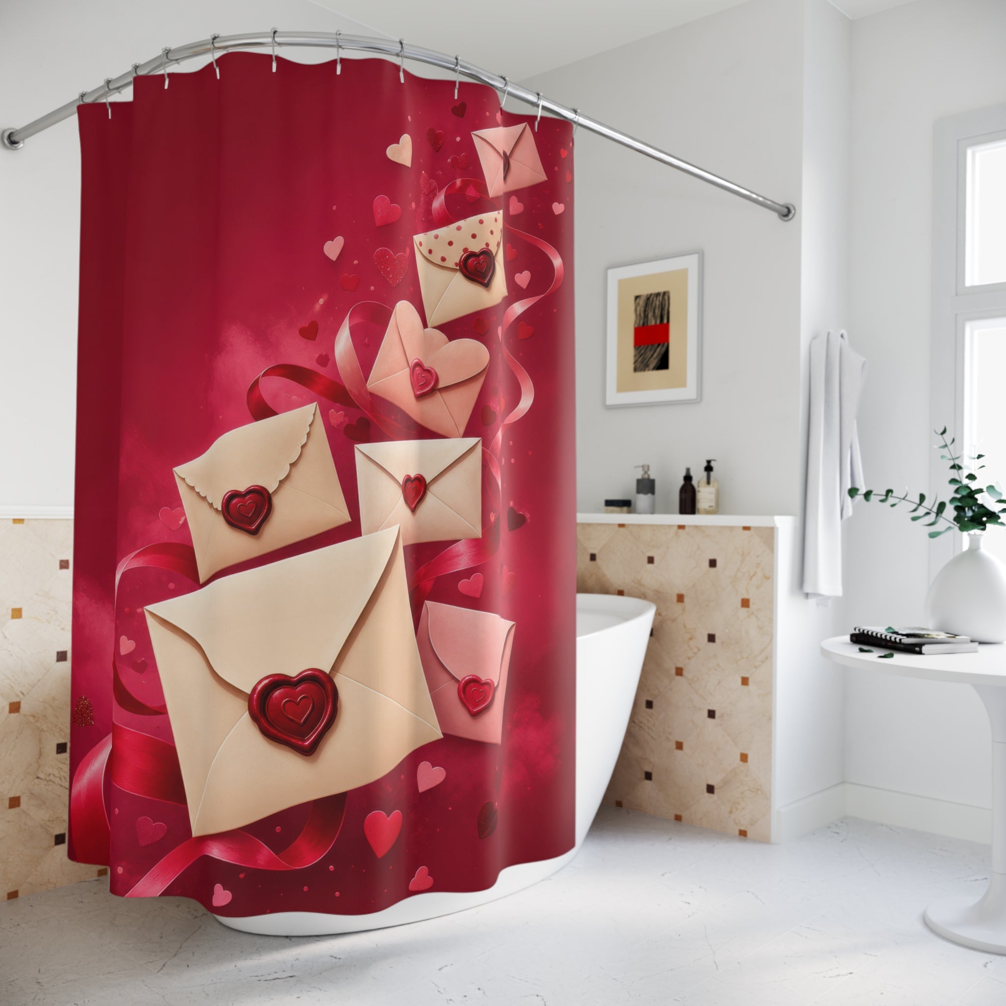Flying love letters with heart seals and red ribbons shower curtain beside a freestanding tub