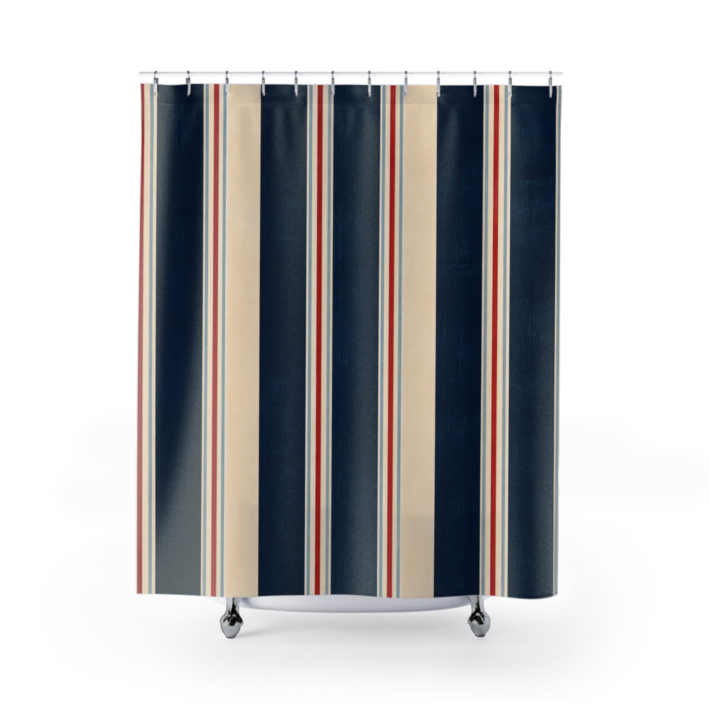 Navy Red White Vertical Pinstripe Shower Curtain