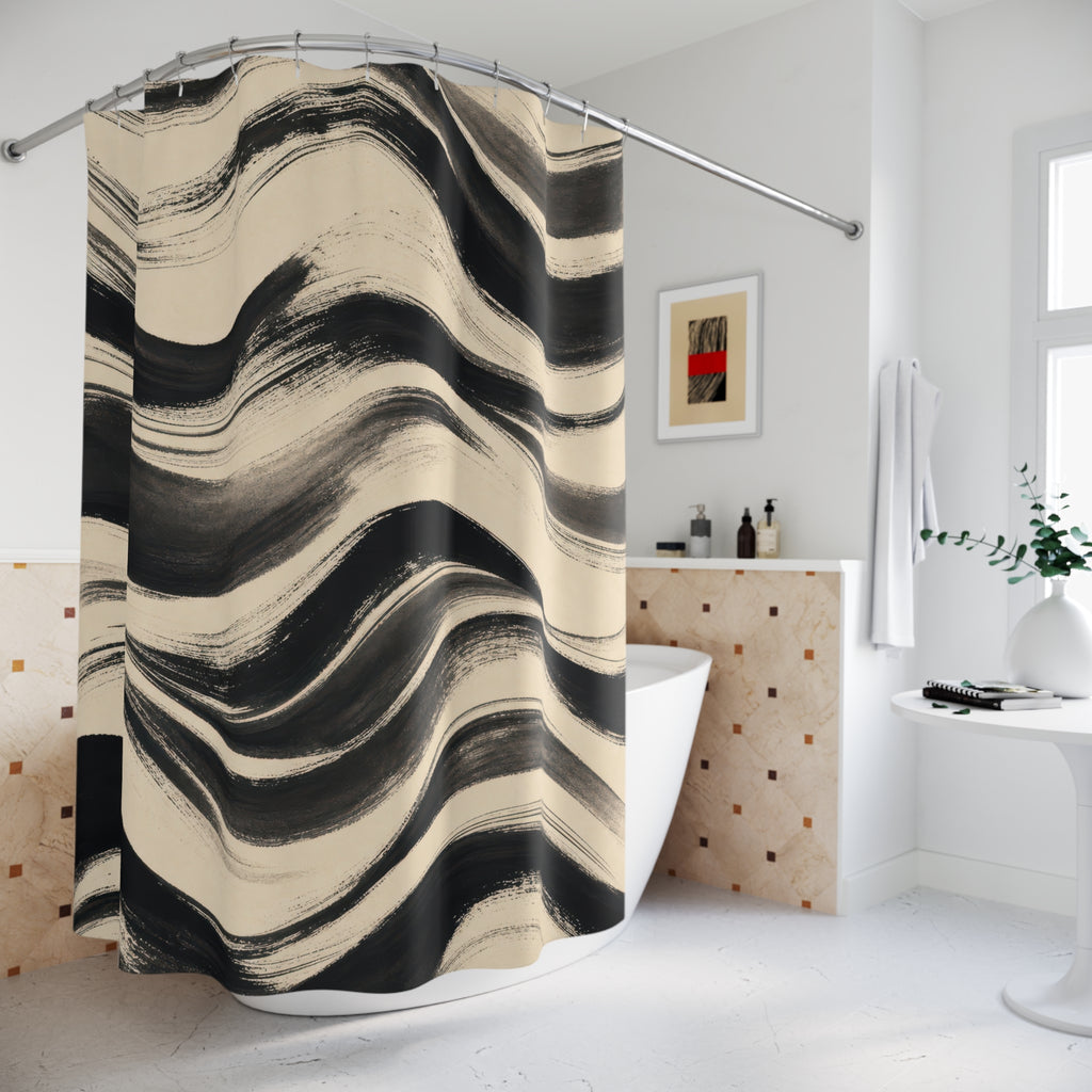 Black Cream Wavy Brush Stripe Shower Curtain
