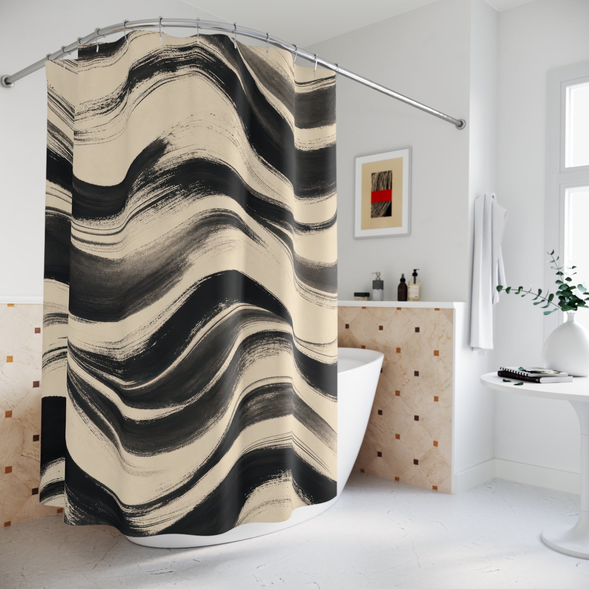 Black Cream Wavy Brush Stripe Shower Curtain
