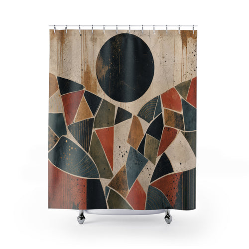 Abstract Sun Mosaic geometric terracotta shower curtain with full front view