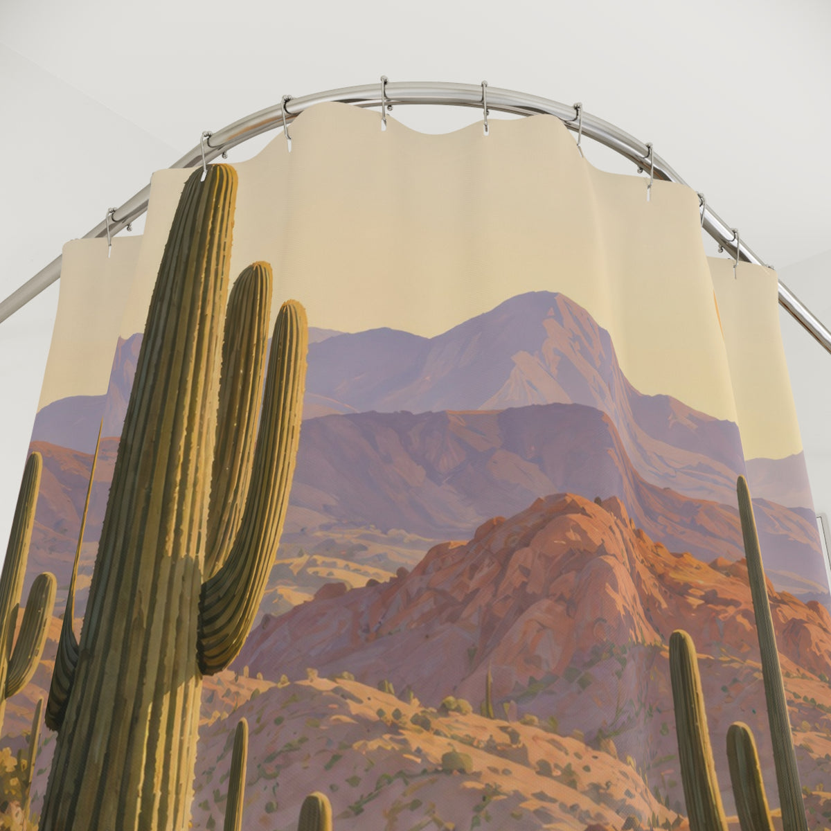 Saguaro cactus with sunrise mesas and flowering desert plants shower curtain with close-up print, hooks, and folds