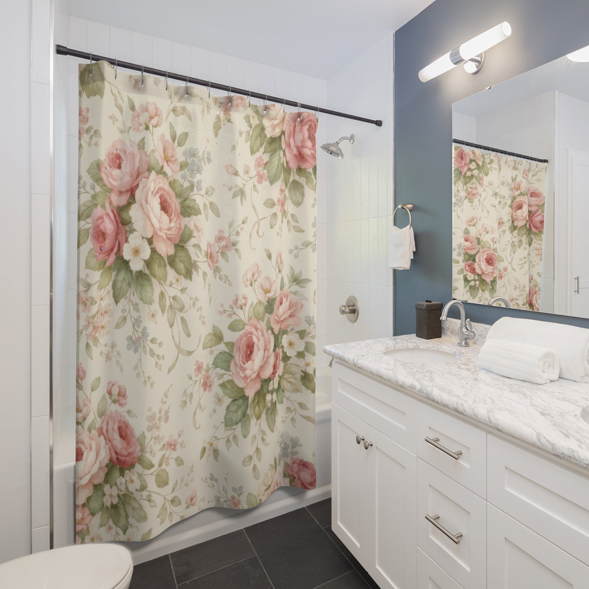 Farmhouse Rose Shower Curtain – Blush Pink Cottage