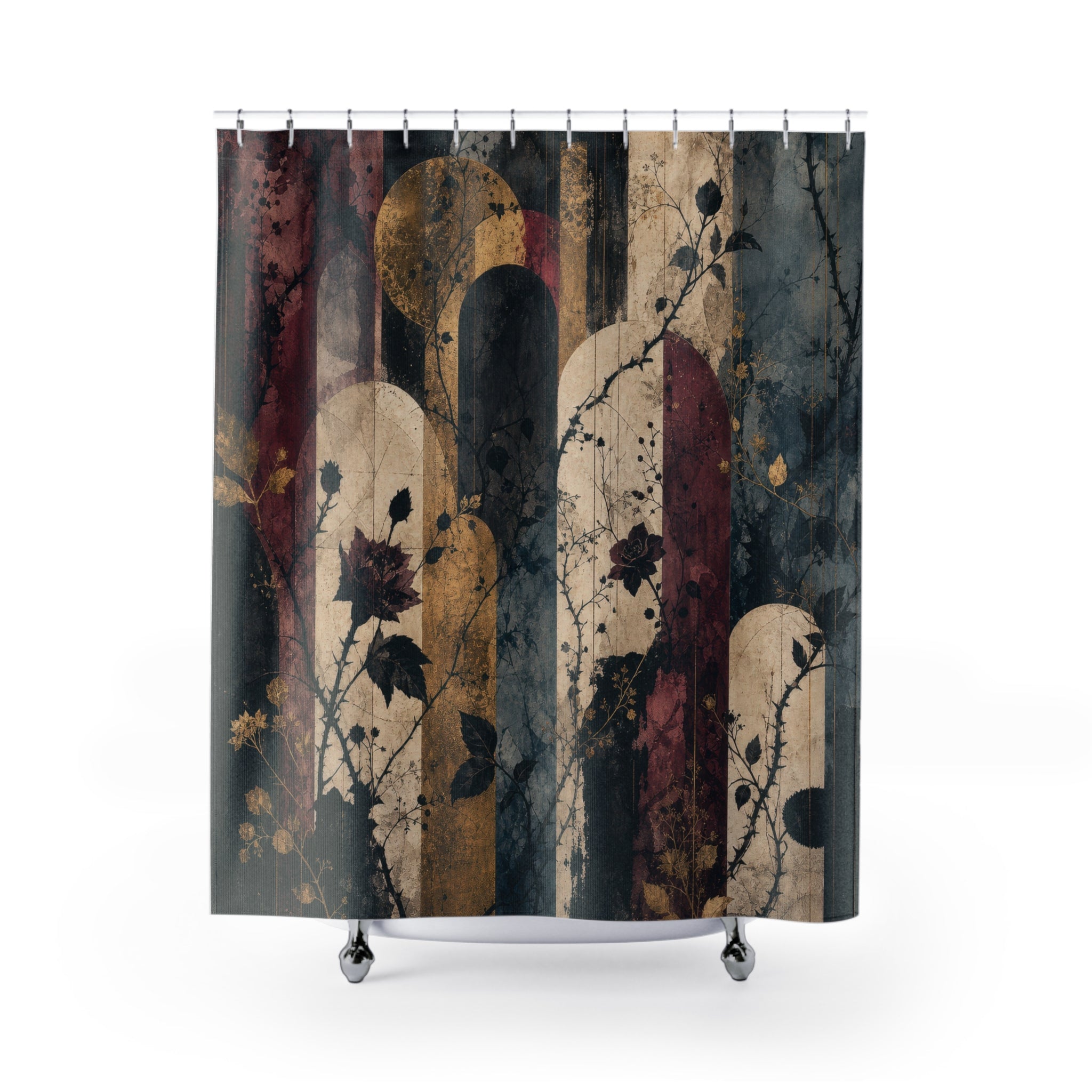 Burgundy Gold Art Deco Floral Shower Curtain