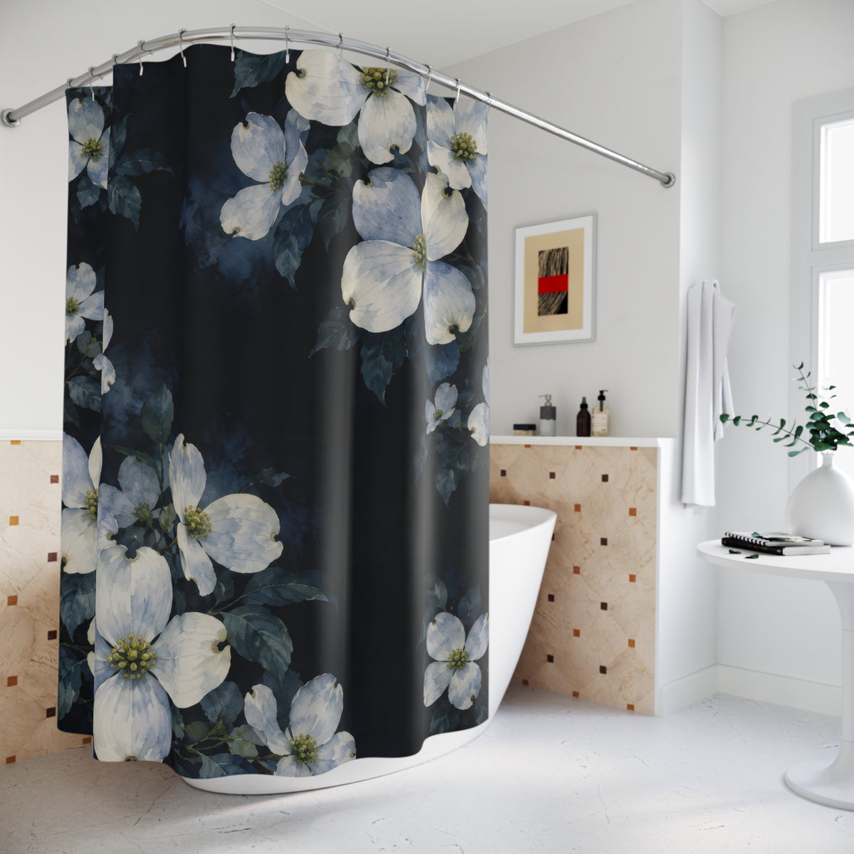 Pale blue and cream dogwood clusters on inky indigo shower curtain beside a freestanding tub
