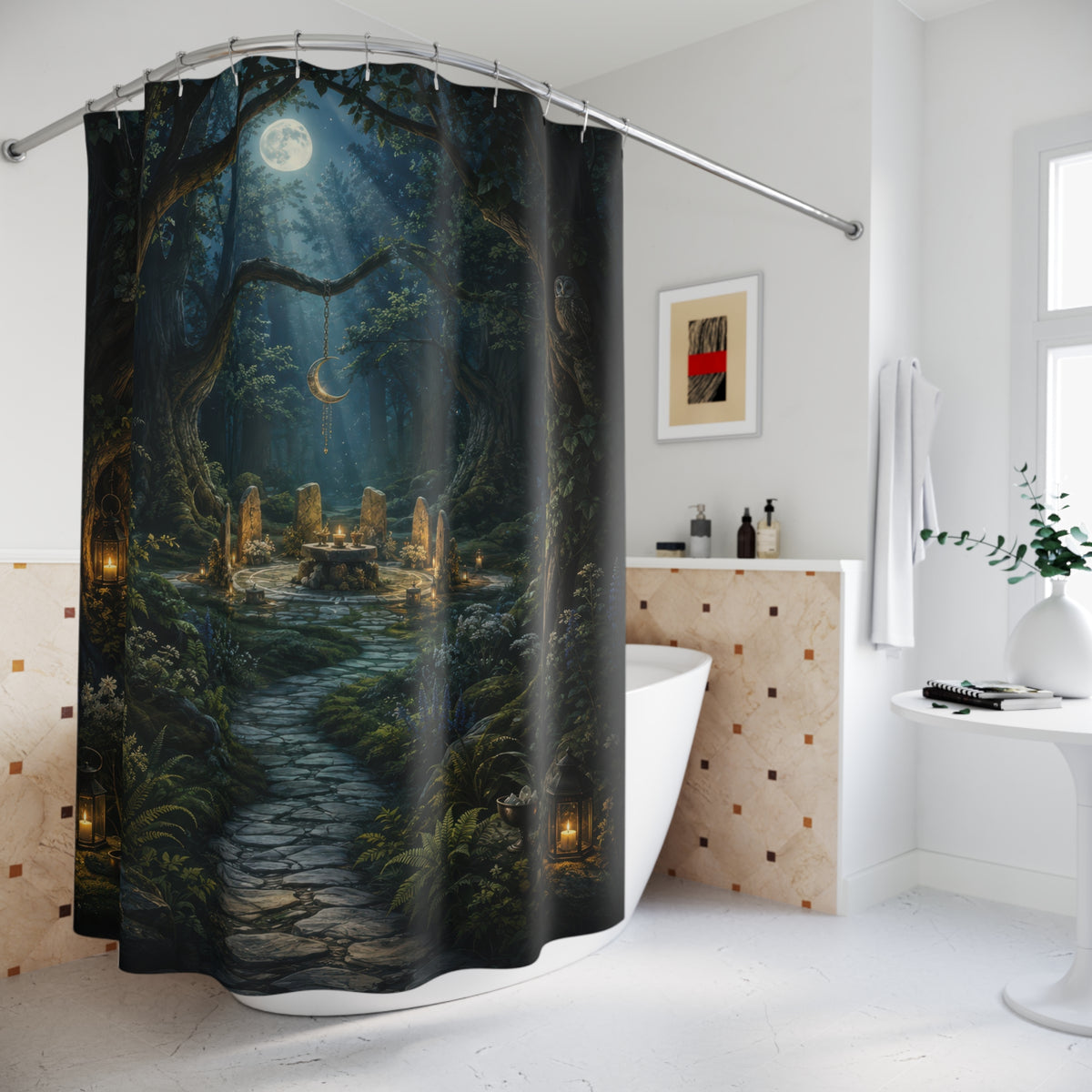 Wiccan moonlit stone circle grove with owl and lanterns shower curtain beside a freestanding tub