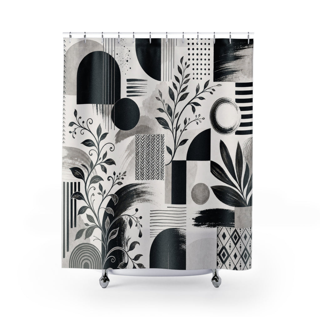Black White Geometric Floral Shower Curtain